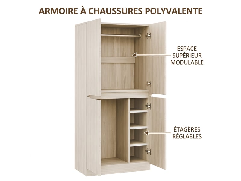 Armoire en bois naturel 2 portes avec penderie et compartiments de rangement, 70x40x170 cm  - Conforama D