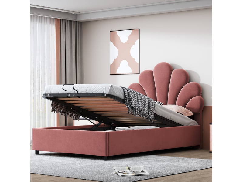  Lit enfant 90x200cm, lit coffre, lit simple, sommier et tête de lit inclus, velours rose, sans matelas  - Conforama D