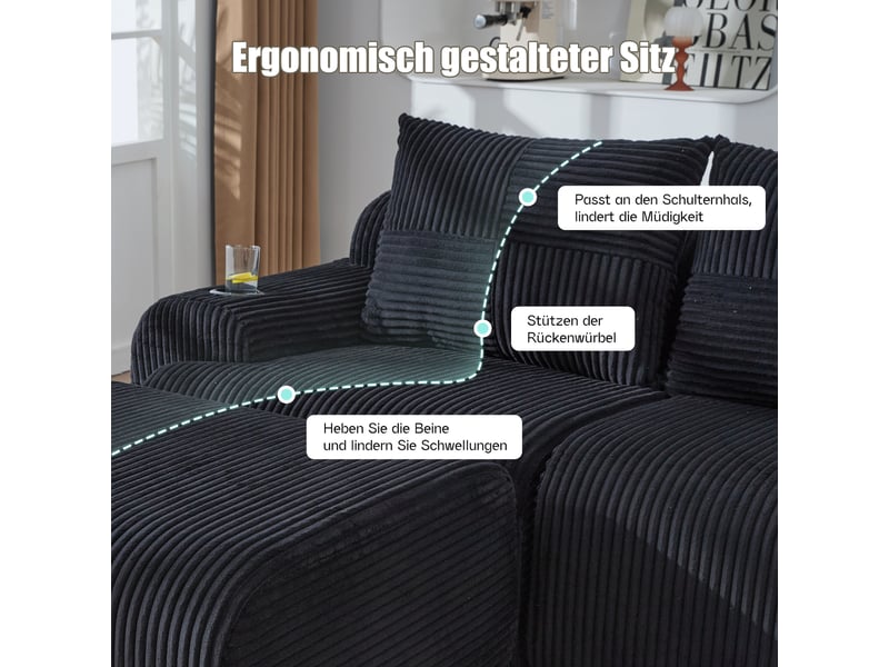  Canapé modulable, canapé de salon, noir, porte-gobelets, mobilier pour espace de vie, en velours tricoté  - Conforama E