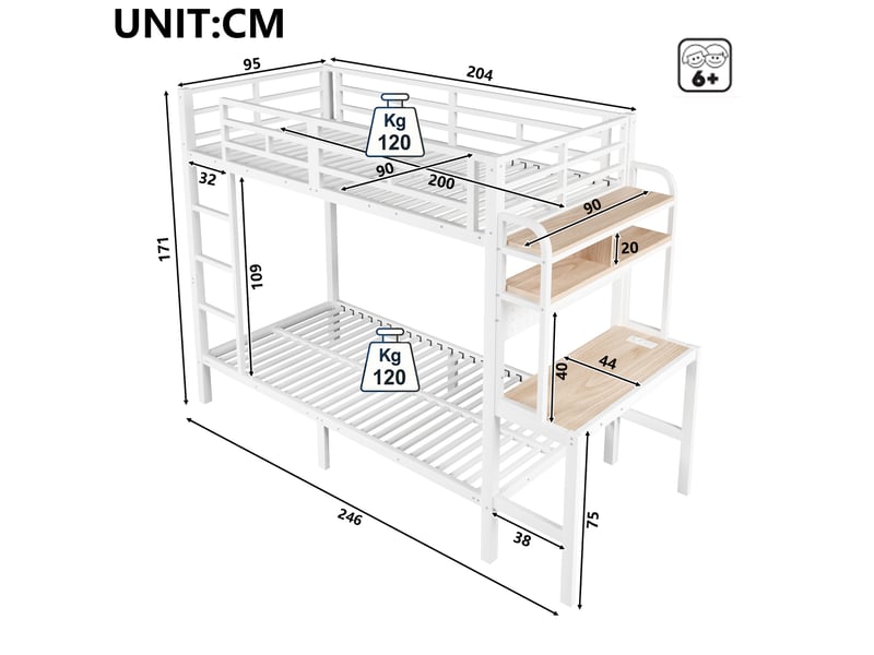  Lit superposé enfant 90x200 cm avec bureau intégré, étagères, led multicolore via app, usb, garde-corps et échelle, métal blanc Radiant Stride - Conforama C