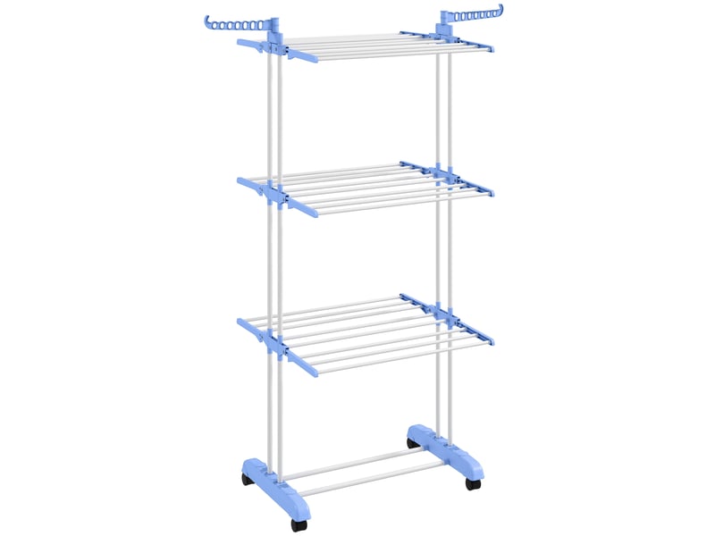  Séchoir à linge vertical pliable à roulettes, 3 niveaux avec ailettes repliables, 73 x 64 x 172 cm, bleu et blanc  - Conforama B