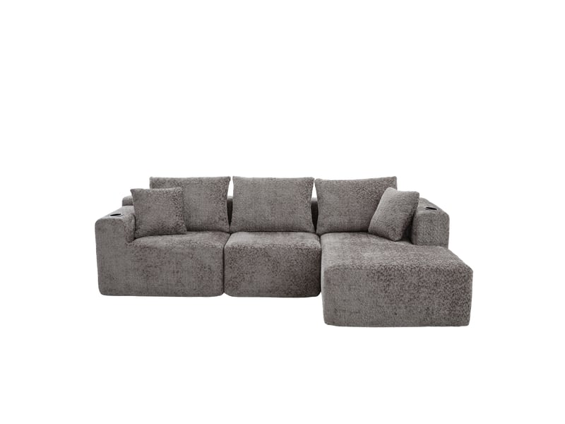  Canapé d'angle ulevr modulable 3 places 261 x 164 cm, méridienne, assise profonde, porte-gobelets, chenille gris foncé  - Conforama E