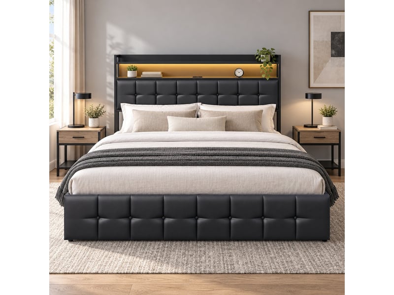  Lit coffre 2 places 140x200 cm avec rangement, lit adulte, port usb, led, tête de lit, design simple, pu noir  - Conforama B