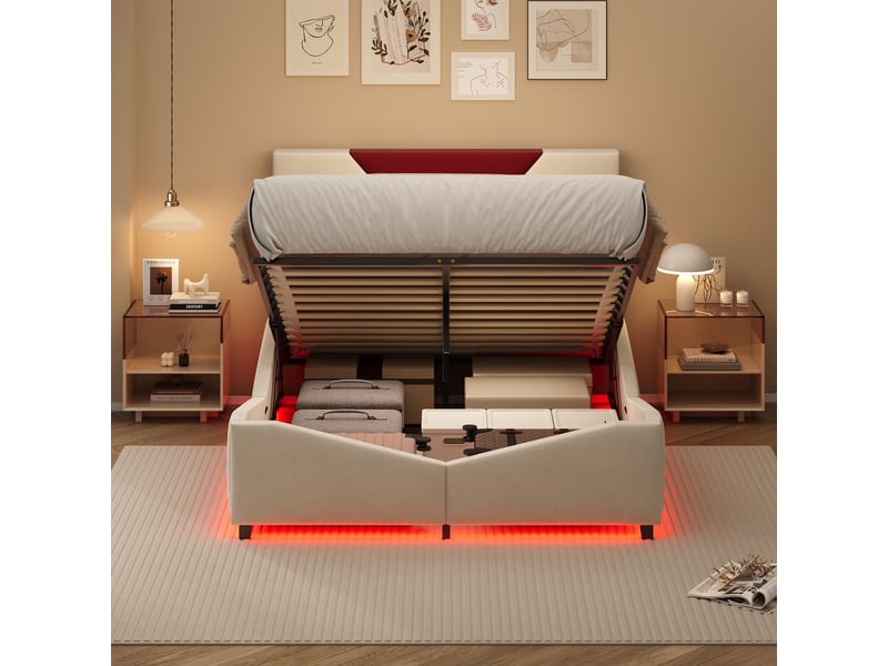  Lit coffre 140x190cm - lit double 140x190 - rembourré velours avec led rgb sous lit &amp; tête bicolore rouge - blanc cassé  - Conforama C