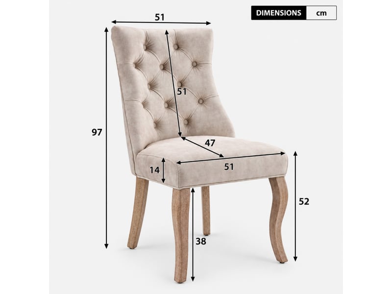  Lot de 2 chaises de salle à manger beige clair en velours, dossier capitonné, pieds en bois massif  - Conforama C
