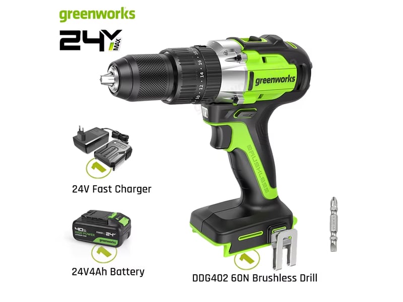  Perceuse à percussion greenworks – 24 v, moteur sans balais, mandrin métallique de 12 pouce, 0-1750 trmin, livrée avec batterie et chargeur rapide.  - Conforama A