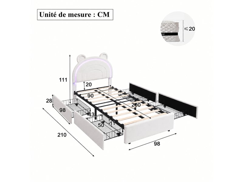  Lit enfant 90 x 200 cm beige avec tête de lit ours, tiroirs de rangement et éclairage led, sans matelas  - Conforama C