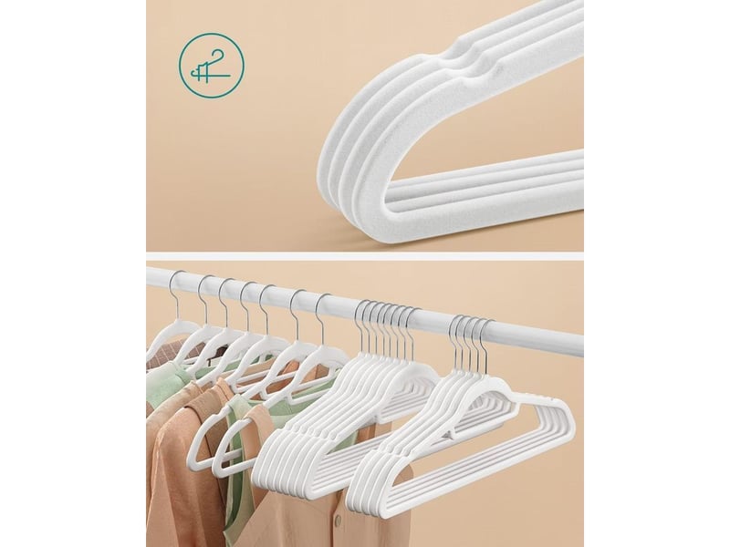  Cintre velours, lot de 50, antiglisse, avec barre, crochet pivotant à 360°, épaisseur 0,6 cm, gain de place, longueur 43,5 cm, pour manteau, robe, pantalon, blanc et argent  - Conforama B