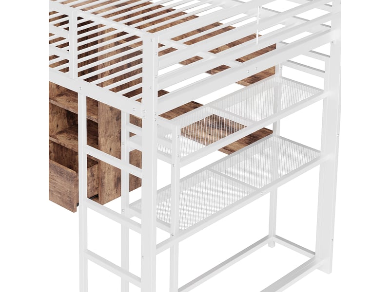 Lit mezzanine enfant 140x200 cm, led, bureau, tiroir, armoire, étagère, sommier, métal blanc, sans matelas - Conforama R
