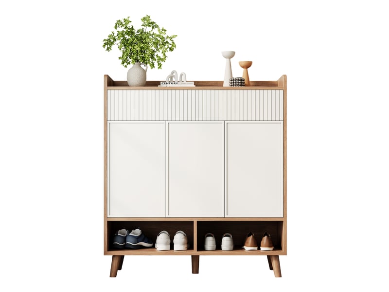  Meuble à chaussures 3 portes, 2 tiroirs et 2 niches pour entrée 90×35×100 cm blanc et naturel  - Conforama A