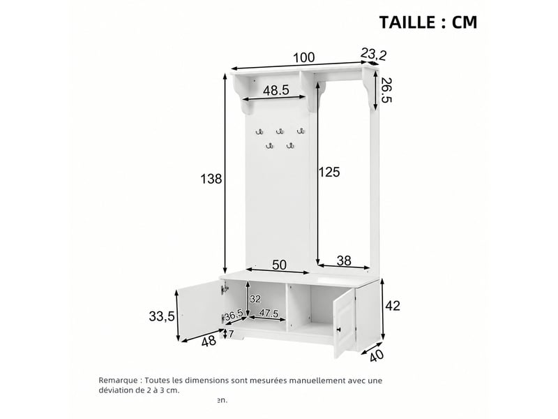 Meuble d’entrée avec miroir et banc à chaussures, 5 patères, 2 placards, 100 x 40 x 180 cm, blanc  - Conforama E