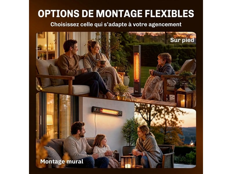 Chauffage infrarot 2000w radiateur extérieur sur pied avec télécommande et minuterie  - Conforama E