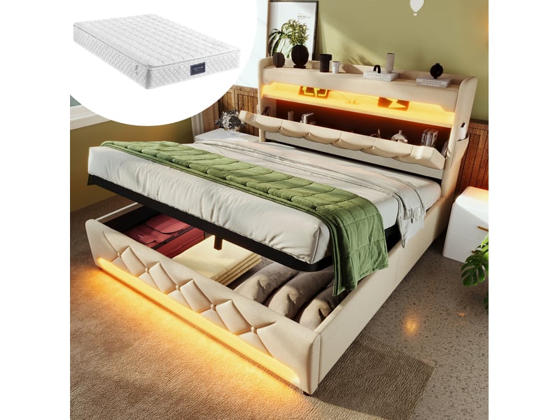  Lit coffre 160 × 200 cm 2 places avec led, usb, type-c, rangements, matelas inclus, beige en lin  - Conforama B