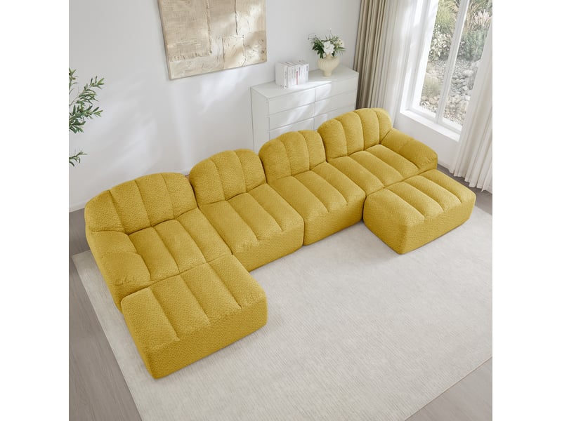  Canapé d'angle modulable 4 places jaune en tissu bouclette, avec 2 poufs, forme u pour le salon familial  - Conforama E