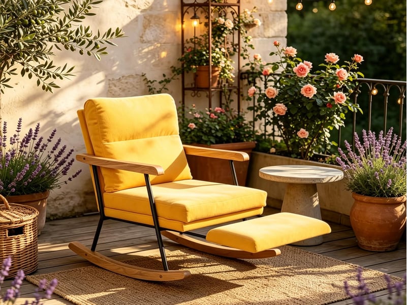  Fauteuil à bascule,rocking chair avec avec repose-pieds extensibles,scandinave,pieds en bois massif,coton et lin,jaune,64x97x94cm  - Conforama B