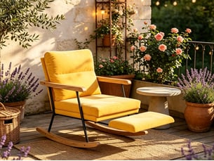 Fauteuil à bascule,rocking chair avec avec repose-pieds extensibles,scandinave,pieds en bois massif,coton et lin,jaune,64x97x94cm