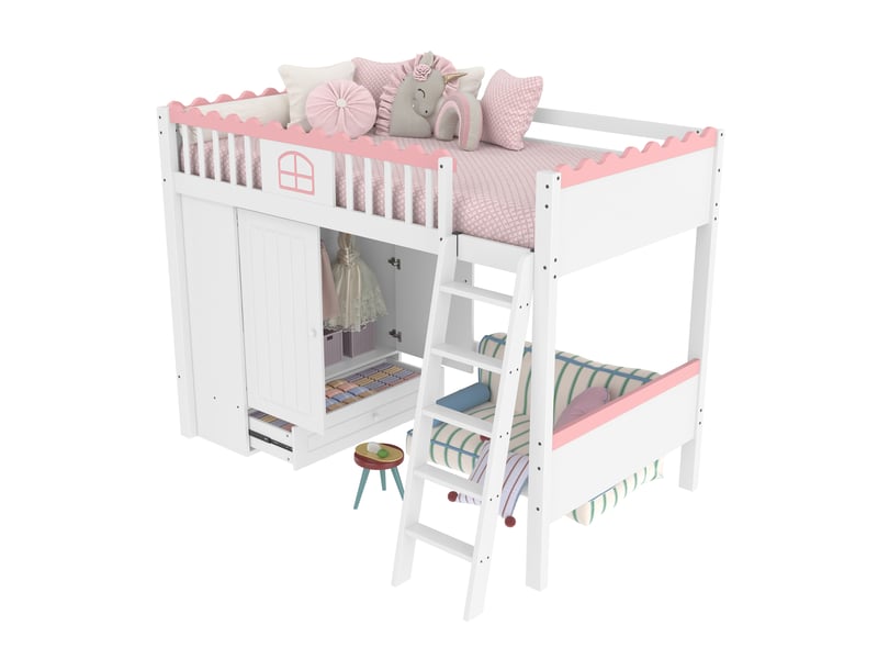 Lit mezzanine 140 x 200 cm, lit enfant surélevé, placard intégré, bureau intégré, étagères ouvertes, échelle, métal, blanc Morn Vibe - Conforama A