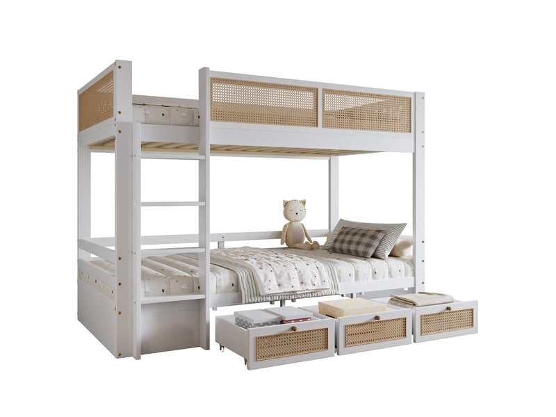  Lit superposé enfant 90x200 cm avec barrières en rotin, 3 tiroirs roulants, bois et mdf, blanc et naturel sans matelas  - Conforama A