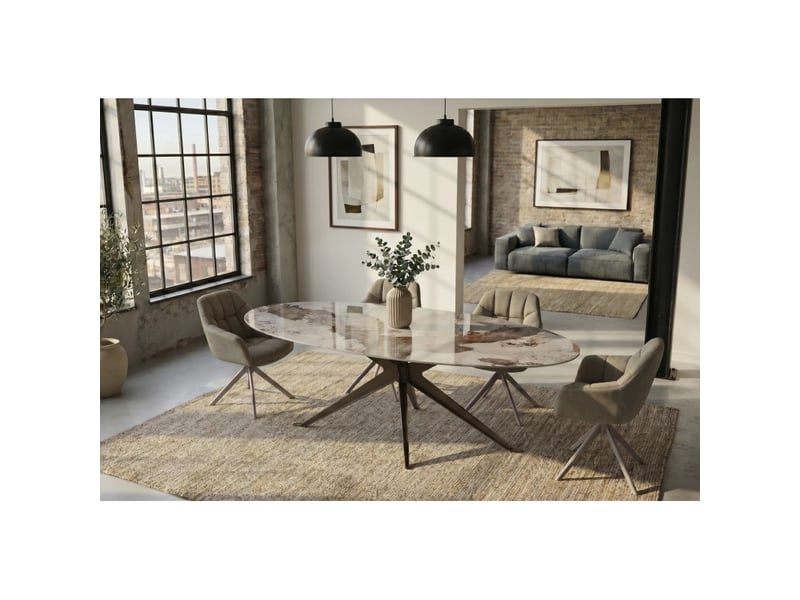 Table de salle à manger avelis ovale 220 cm en céramique effet marbre blanc et métal bronze  - Conforama B