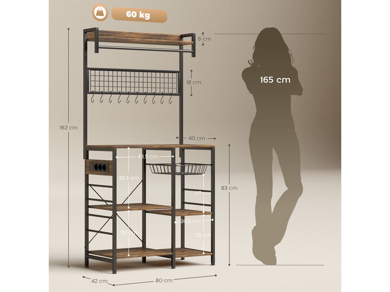  Étagère de cuisine avec trois prises, éclairage led industriel et étagères pour micro-ondes, 80 x 42 x 162 cm, marron rustique  - Conforama E