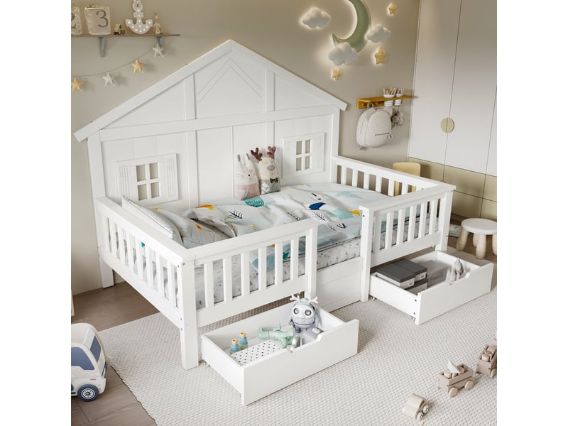 Lit enfant 90x200 cm avec rangements, lit simple avec sommier à lattes en bois massif et mdf blanc - Conforama B
