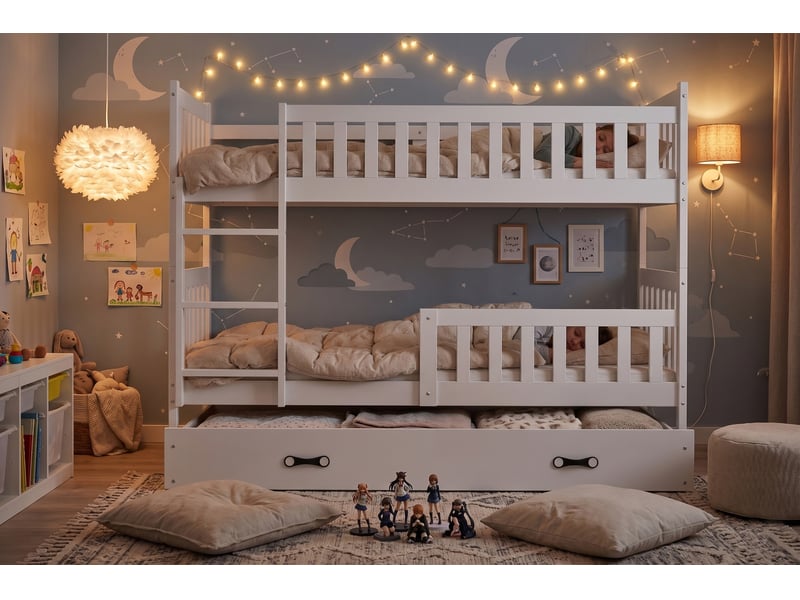  Lit superposé séparable 90x200 cm QUBA Interbeds - Bois massif de pin avec barrière, sommier et tiroir - Blanc QUBA - Conforama R