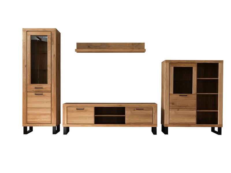  Ensemble meuble de salon de 4 pièces meuble tv, 2 vitrines et 1 étagère murale coloris chêne massif huilé  - Conforama A