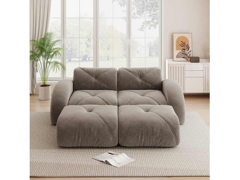  Canapé droit modulaire 2 places taupe en tissu, avec 2 poufs, sans montage, idéal pour le salon familial  - Conforama E