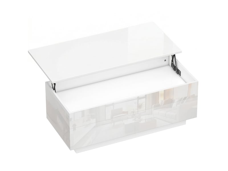  Table basse réglable en hauteur, moderne table de salon avec rangement caché et 2 tiroirs, blanc brillant  - Conforama A