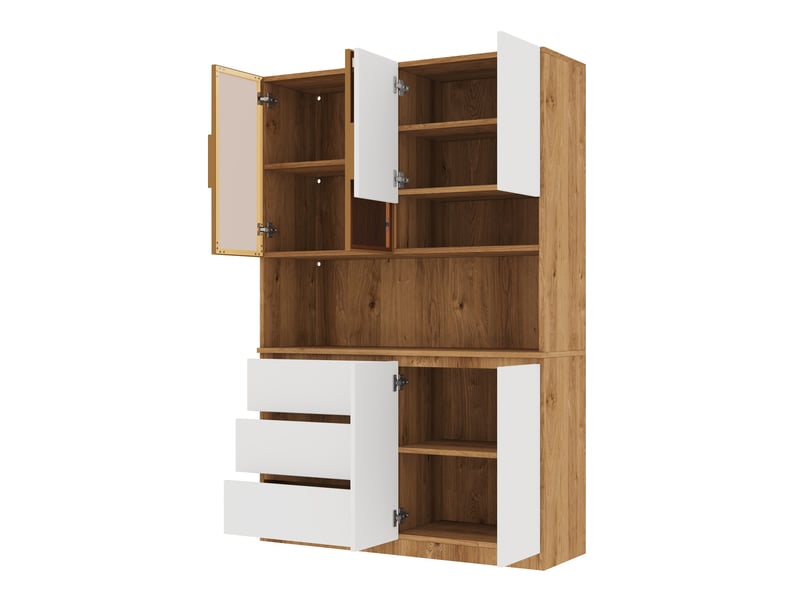  Buffet de cuisine grand vaisselier 120.5x40x180 cm – avec éclairage led multicolore, niche micro-ondes et vitrine - mdf - blanc et bois naturel  - Conforama C