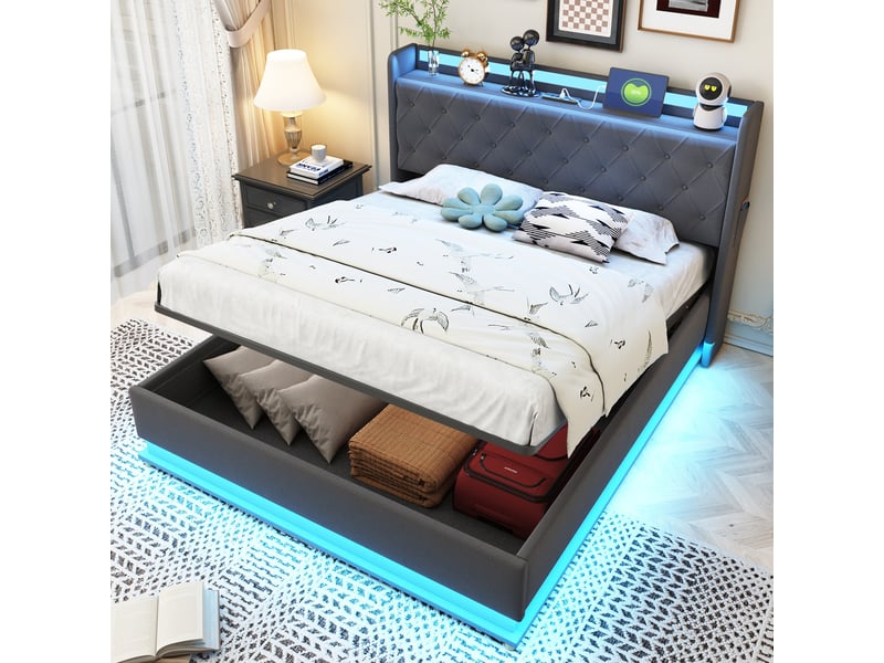  Lit capitonné led 140*200 cm avec usb, rangement hydraulique et éclairage multicolore, lin gris confort  - Conforama E