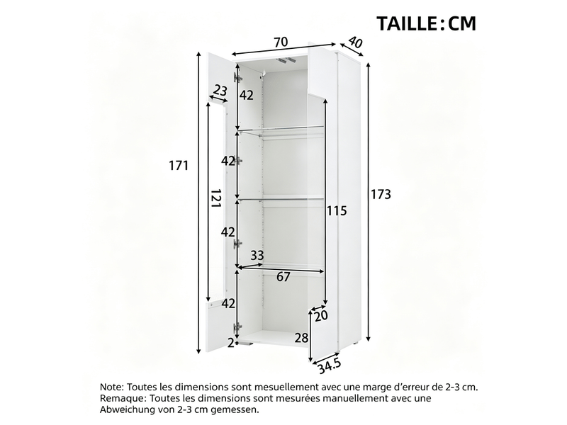  Vitrine de salon, meuble de rangement à 2 portes en acrylique, avec led, mdf, 70x40x173 cm, blanc  - Conforama C
