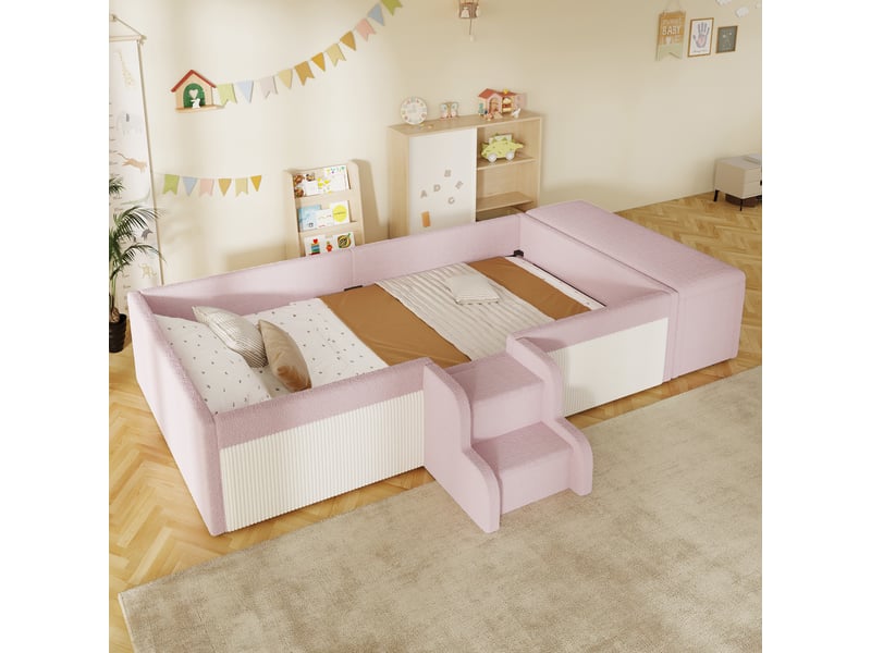  Lit enfant 90x190cm en bouclé rose avec petite échelle, banquette coffre mobile, barrières rembourrées et cadre bas, rangement intégré pour chambre  - Conforama C