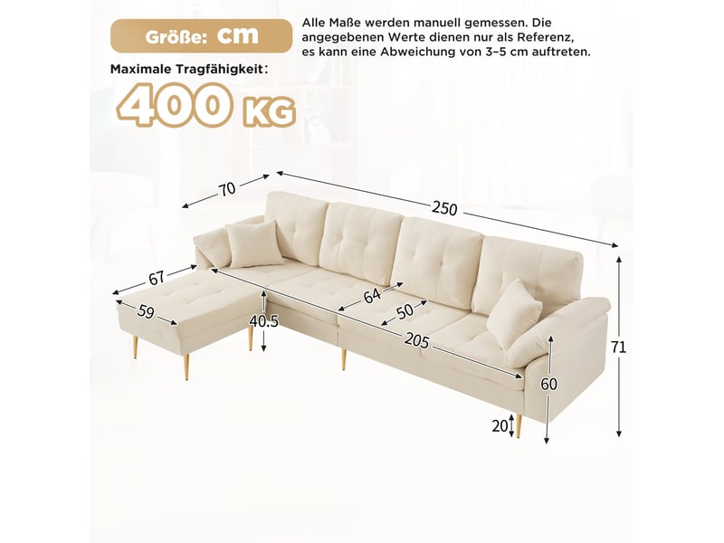  Canapé 4 places 250x70x87 cm modulable en velours côtelé beige clair  - Conforama E