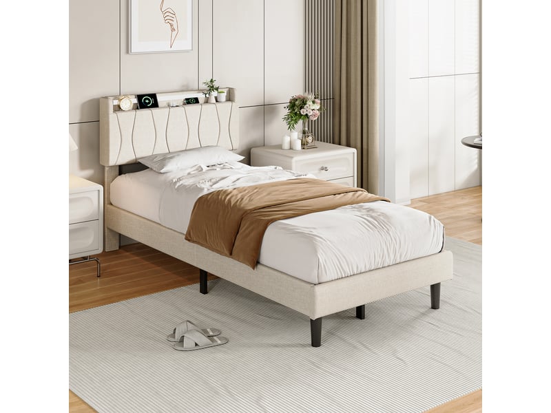  Lit simple capitonné 90x200cm avec cadre de lit à lattes et lumière led, tête de lit, beige  - Conforama B