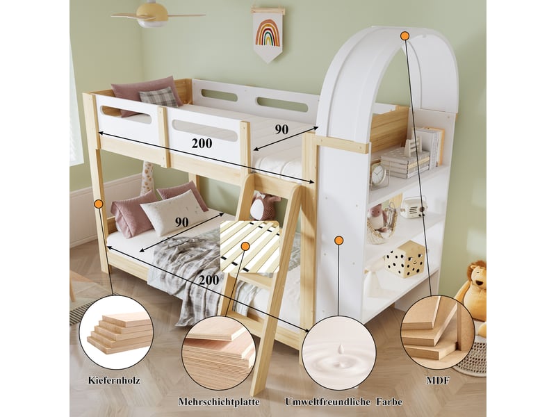  Lit superposé enfant 2 places 90×200 cm, étagères, barrière  - sans matelas, pin et mdf - blanc naturel  - Conforama E