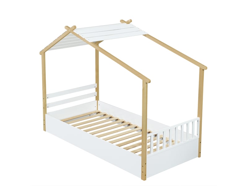  Lit cabane 90x190 cm en bois - design maison, sommier solide, blanc naturel  - Conforama E