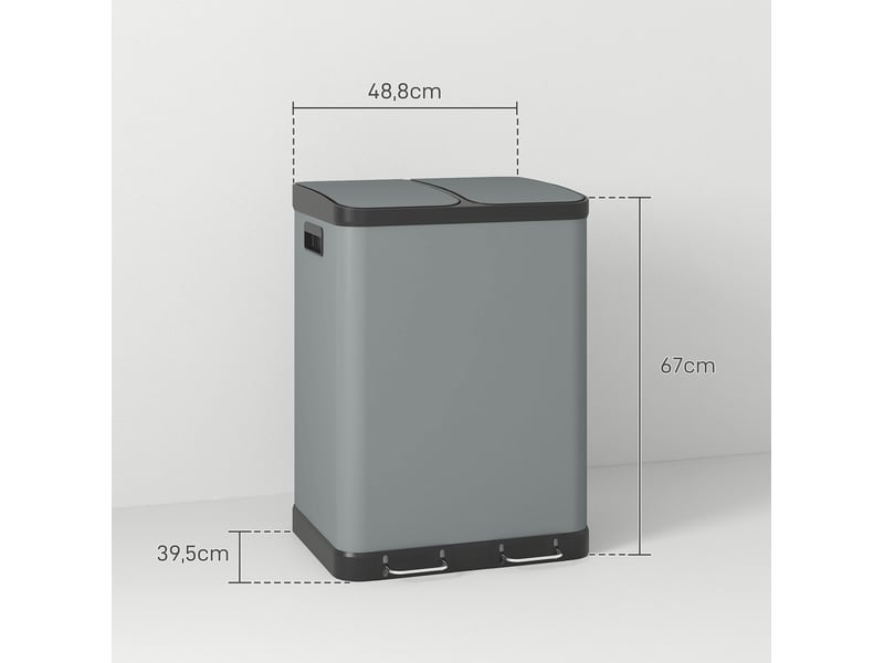 Poubelle à pédale ulevr 2 x 30 l pour tri des déchets, double bac amovible, couvercle soft-close, métal gris, 48,8 x 39,5 x 67 cm - Conforama C