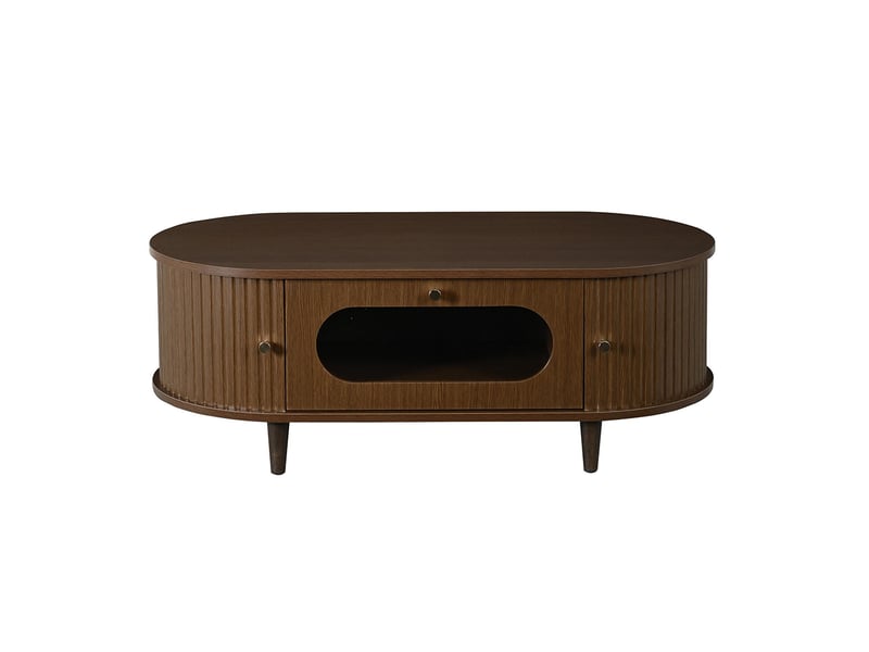 Table basse de salon, avec un tiroir, un volet roulant et 4 pieds, couleur noyer - Conforama A