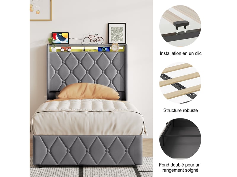 Lit coffre 90x200 cm avec led et usb, lit simple capitonné avec rangement hydraulique, lit 1 place avec sommier à lattes, lit adulte avec tête de lit rembourrée, velours gris - Conforama D