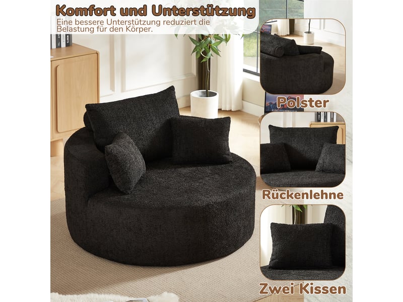  Fauteuil unique noir en tissu chenille moderne, coussin dossier confortable pour salon et chambre, sans montage requis  - Conforama D