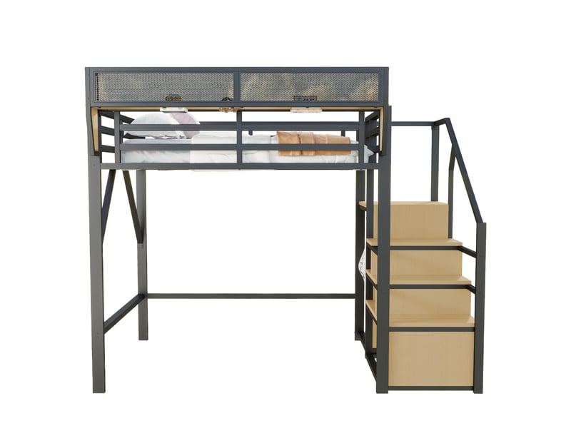  Lit mezzanine noir 140x200cm avec échelle, compartiment flexible, bureau et étagères, sécurité renforcée - fer - pour enfant ado  - Conforama D