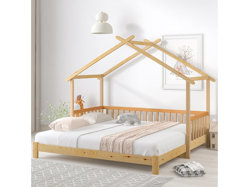  Lit cabane enfant 200 × 90 et 200 × 180 cm 1 à 2 places avec barrière, extensible, sans matelas, pin naturel  - Conforama E
