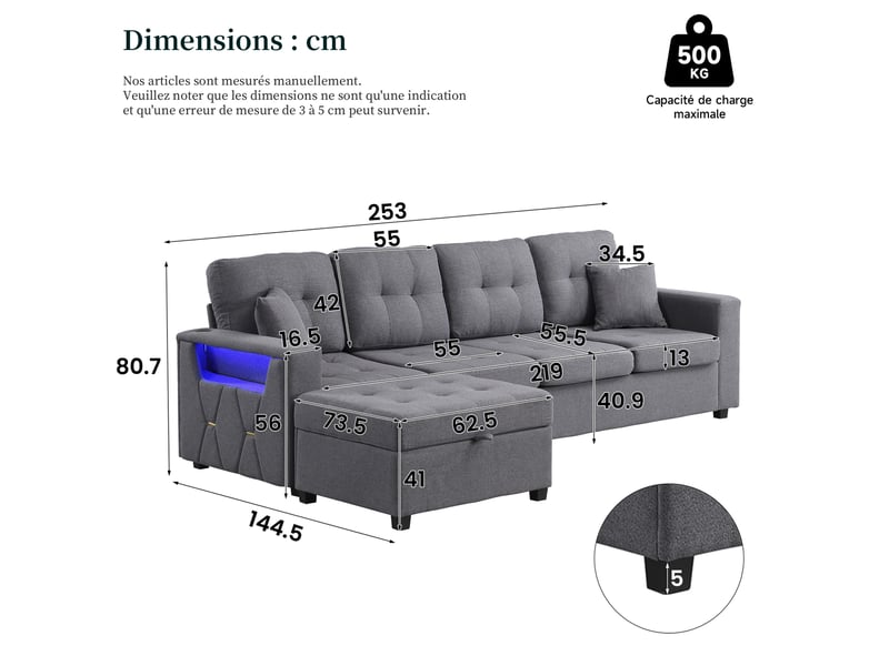 Canapé d'angle 4 places modulaire avec pouf coffre mobile, rangements, ports usb et led, en tissu gris antique - Conforama E