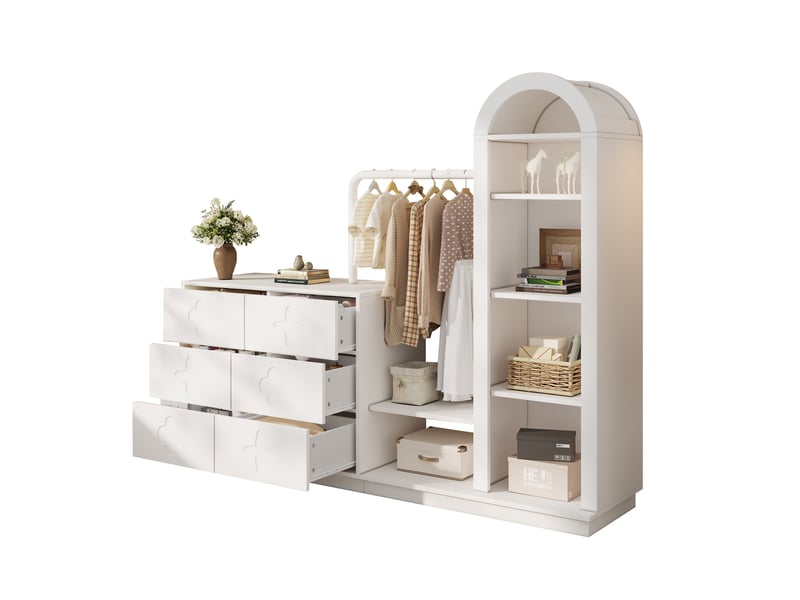  Commode avec penderie 160,5x40x134 cm, 6 tiroirs, tringle à vêtements et niche ouverte en arche, rangement 3-en-1 - blanc  - Conforama A
