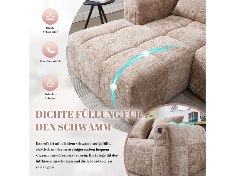  Canapé 3 places en chenille kaki avec méridienne et 3 coussins, sans montage  - Conforama D