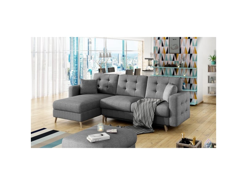 Canapé d'angle convertible hasgard 3 places gris foncé 248x162 cm – coffre et pieds bois - Conforama B
