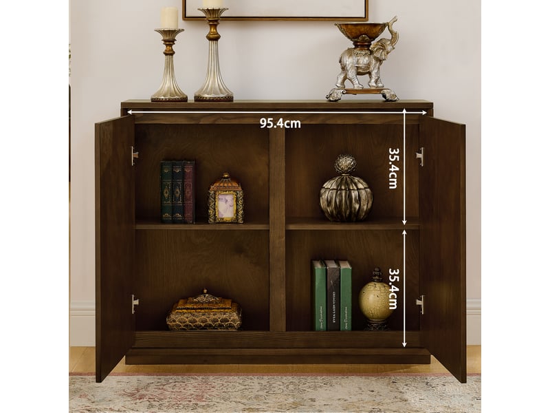  Buffet bas étroit mid-century marron avec rangement et façades à motif en v  - Conforama D