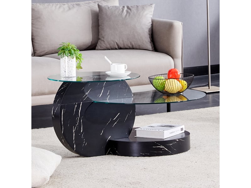  Table basse - 90x51x44cm - en verre trempé &amp; mdf - table de salon multiniveau effet marbre noir - noir veiné  - Conforama B