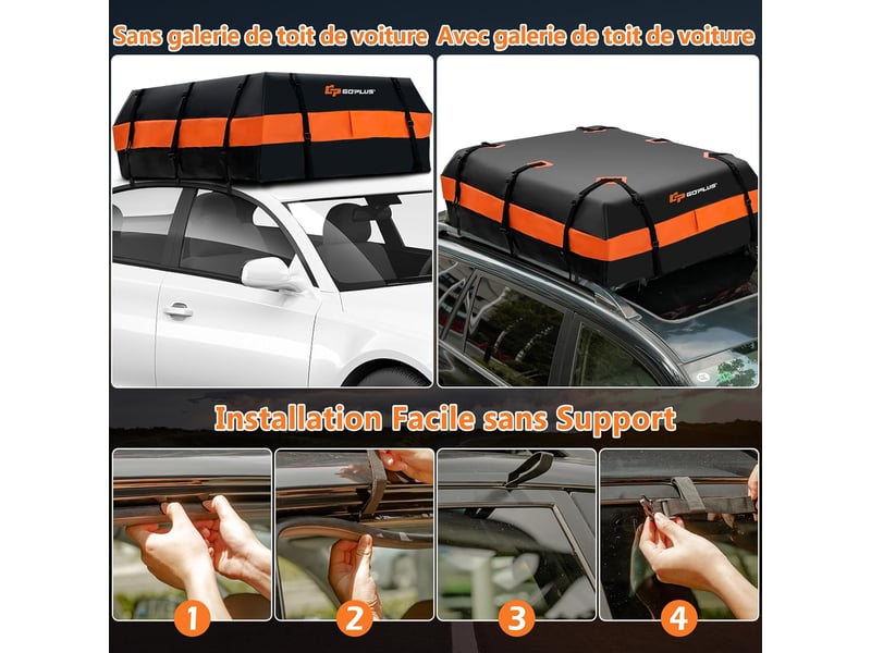 Sac de toit de voiture de 21 pieds cubes, sac de transport étanche sur le toit avec 10 sangles renforcées, tapis antidérapant et sac de rangement  - Conforama C